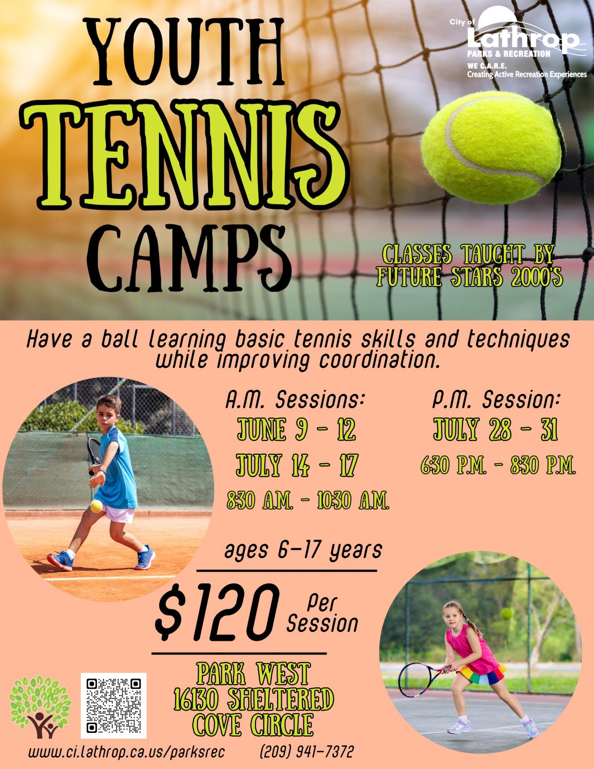 Youth Tennis Camps | Park West 16130 Sheltered Cove Circle | $120 Per Session | Ages 6-17