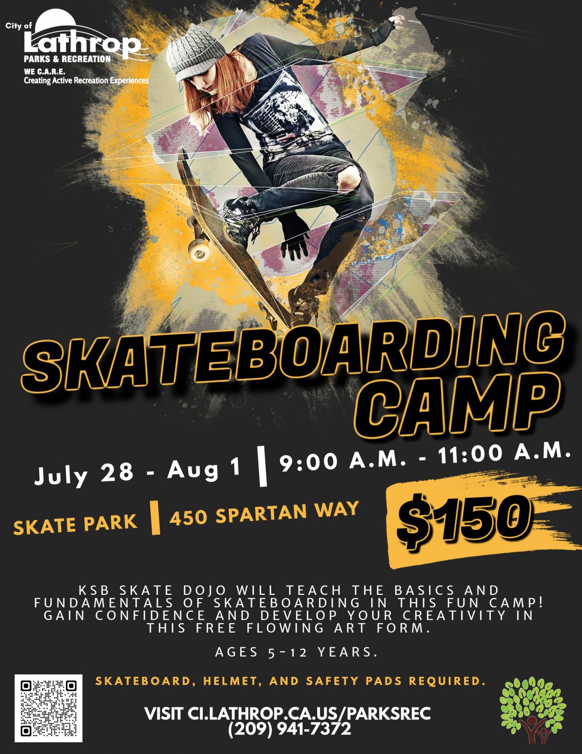 Skateboarding Camp |Generations Center 450 Spartan Way |Ages 5-12 | $150 Per skater | July 28 - Aug 1