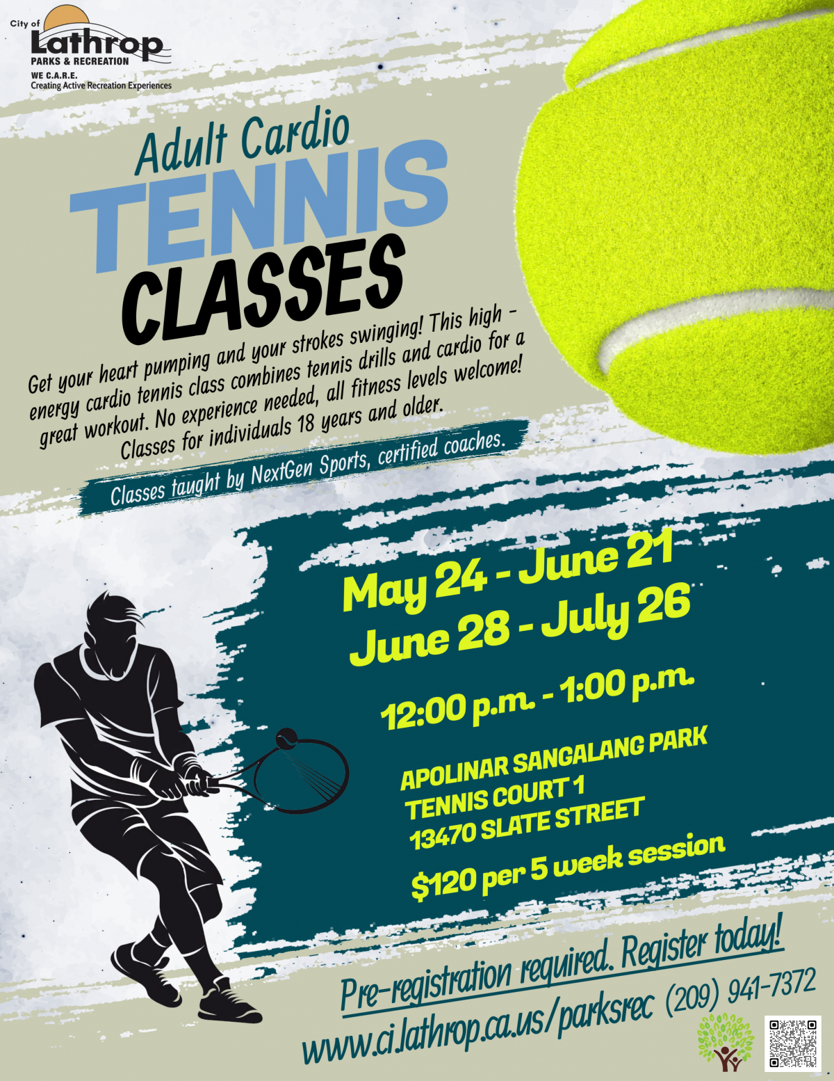 Adult Cardio Tennis Classes | Saturdays this Summer | May 24 - July 26 |12PM - 1PM | Sangalang Park 13470 Slate Street