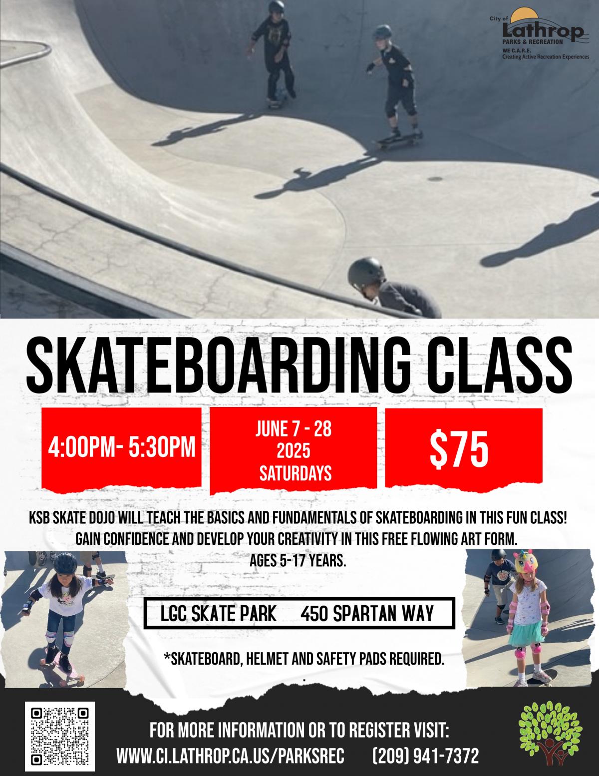 Skateboarding Classes | June 7- 28 | Saturdays | Generations Center 450 Spartan Way |$75 per class