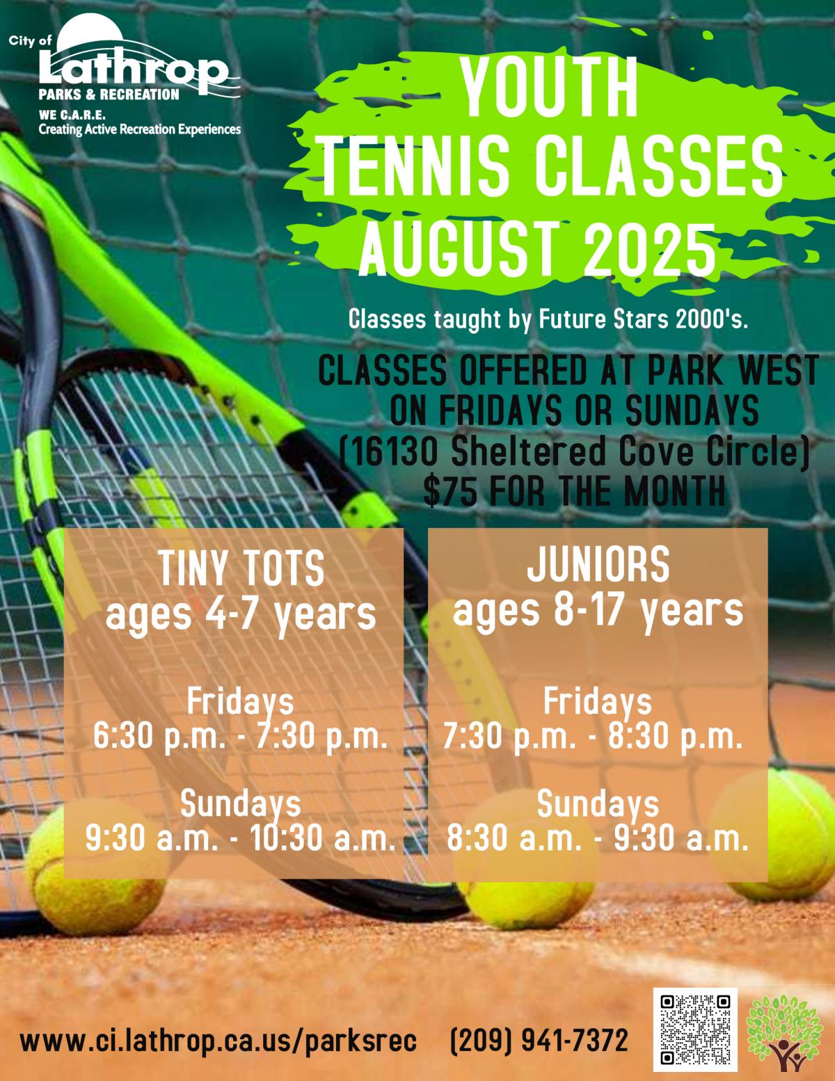 Youth Tennis Classes | Fridays or Sundays in August | Park West 16130 Sheltered Cove Circle | $75 for the month 