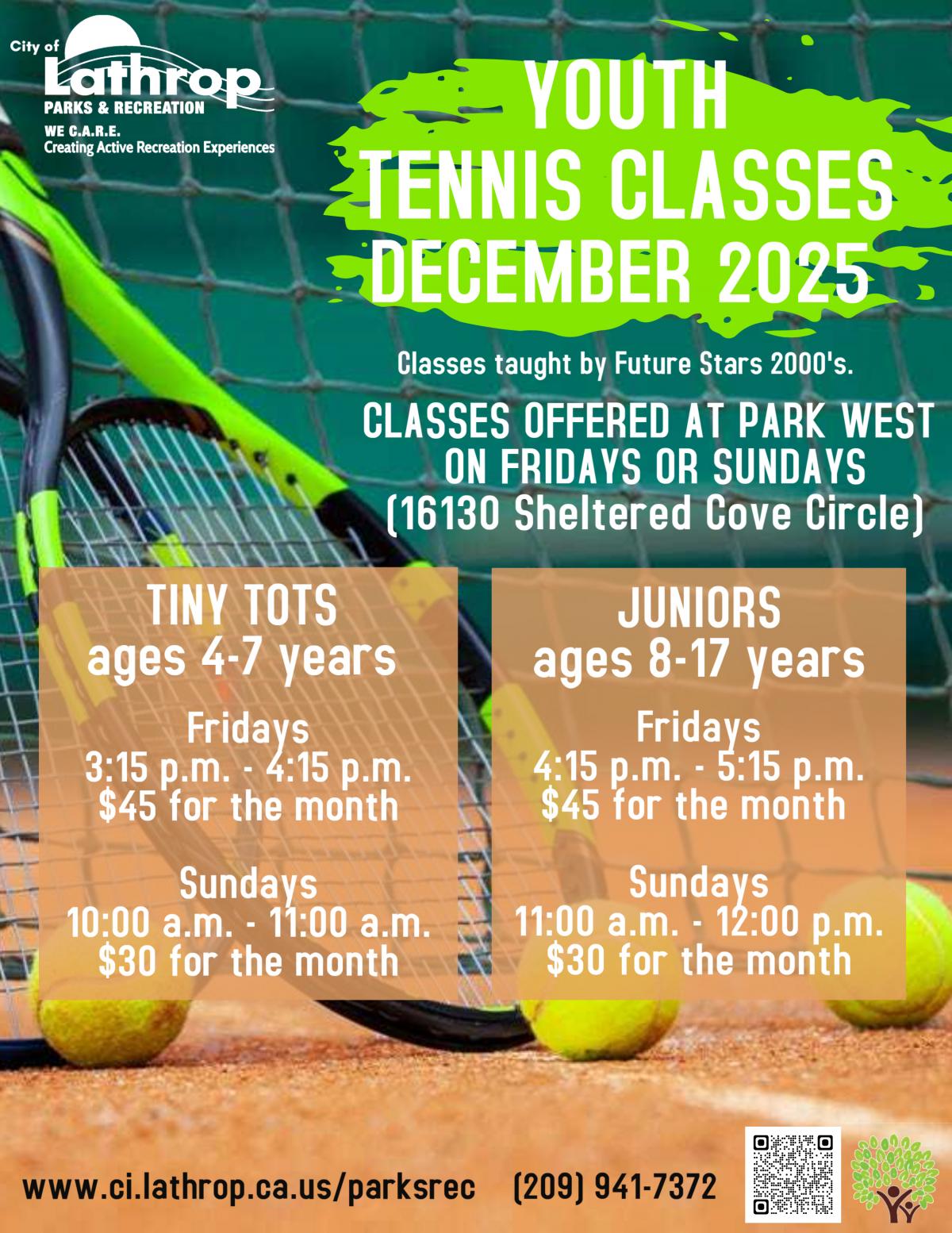 Youth Tennis Classes | Fridays or Sundays in December | Park West 16130 Sheltered Cove Circle | $75 for the month Youth Tennis Classes | Fridays or Sundays in December | Park West 16130 Sheltered Cove Circle | $75 for the month