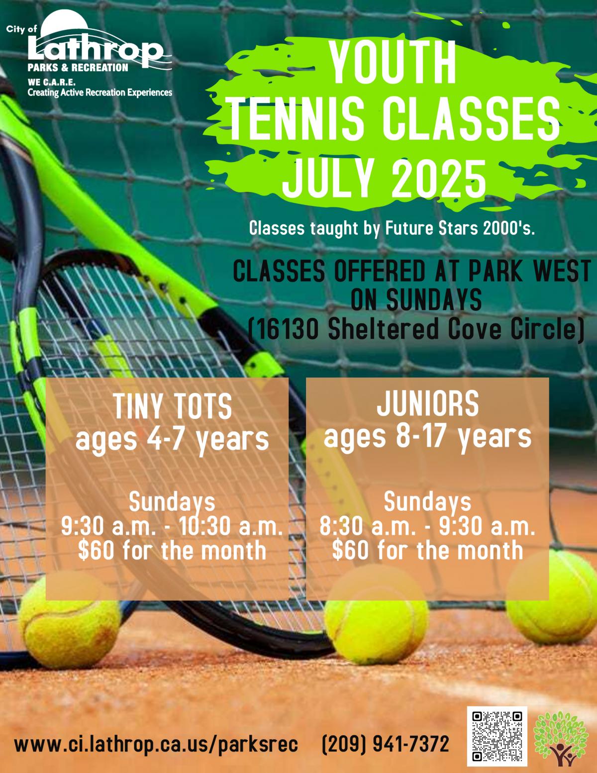 Youth Tennis Classes | Sundays in July | Park West 16130 Sheltered Cove Circle | $60 for the month 