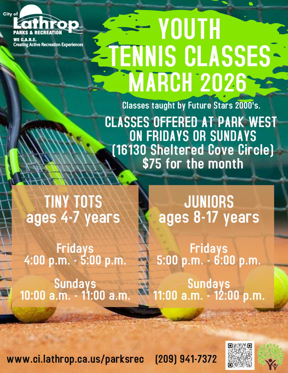 Youth Tennis Classes | Fridays or Sundays in March | Park West 16130 Sheltered Cove Circle | $75 for the month 