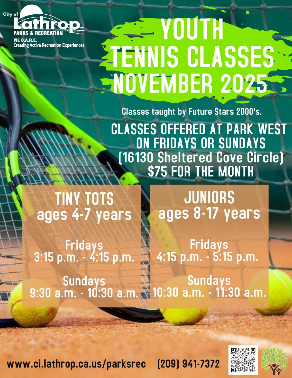 Youth Tennis Classes | Fridays or Sundays in November | Park West 16130 Sheltered Cove Circle | $75 for the month 