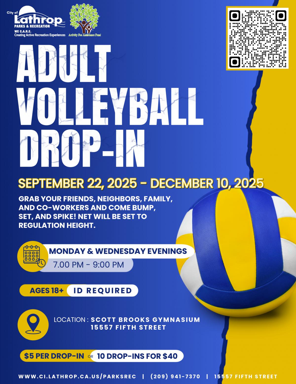 Adult Volleyball Drop-In | Monday  & Wednesday Evenings | Sept 22nd - Dec 10th | 7pm - 9pm | Scott Brooks Gym 15557 Fifth Street