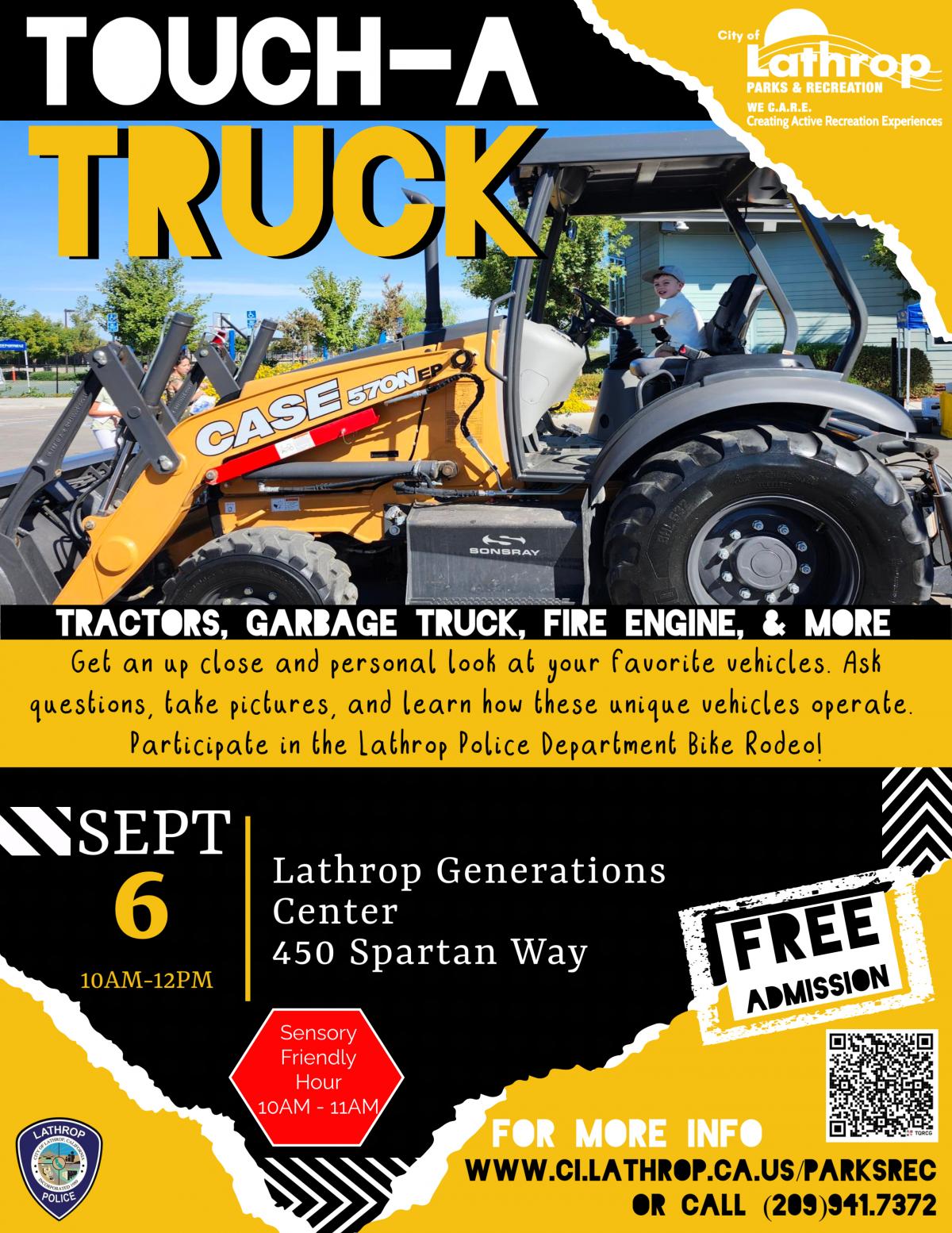 Touch-a-Truck | Generations Center 450 Spartan Way | FREE ADMISSION | Saturday, September 6, 2025 | 10AM - 12PM