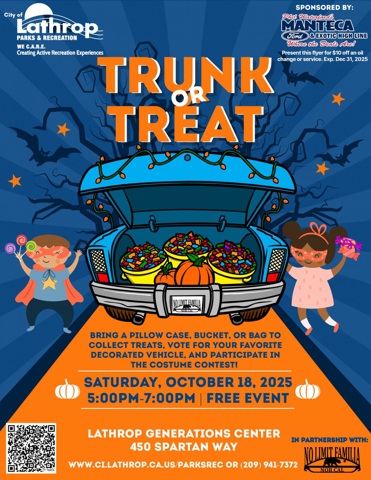 Trunk or Treat | Saturday, October 18, 2025 | Generations Center 450 Spartan Way | 5:00PM - 7:00PM | Family Event