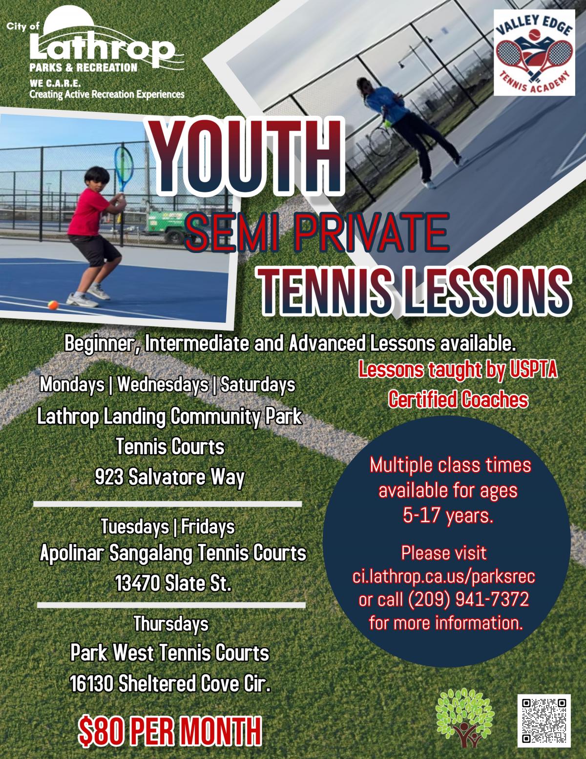 Youth Semi Private Tennis Lessons | Ages 15 -17 | Taught at multiple parks with in the City | $80 per month Youth Semi Private Tennis Lessons | Ages 15 -17 | Taught at multiple parks with in the City | $80 per month