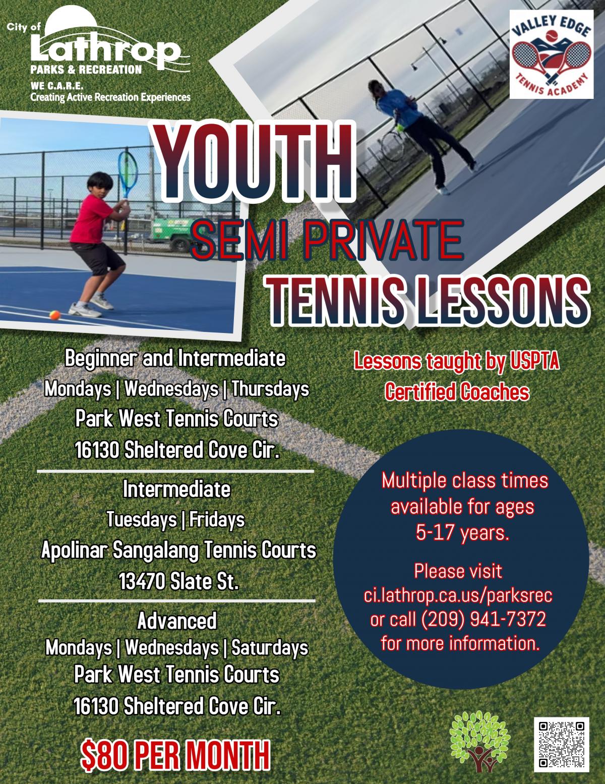 Youth Semi Private Tennis Lessons | Ages 15 -17 | Taught at multiple parks with in the City | $80 per month