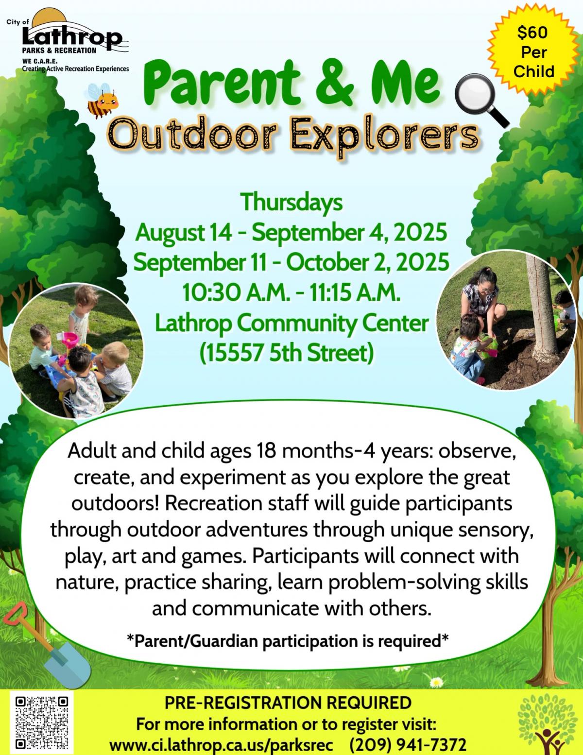 Parent + Me | Outdoor Explorers | Thursdays - Community Center | 10:30am - 11:15am | $60 per child | Pre-Registration Required