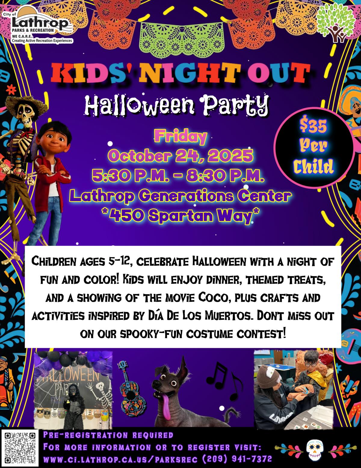 Kids Night Out | Halloween Party | Friday, Oct. 24 | Generations Center 450 Spartan Way | 5:30PM - 8:30PM |$35 per child | Ages 