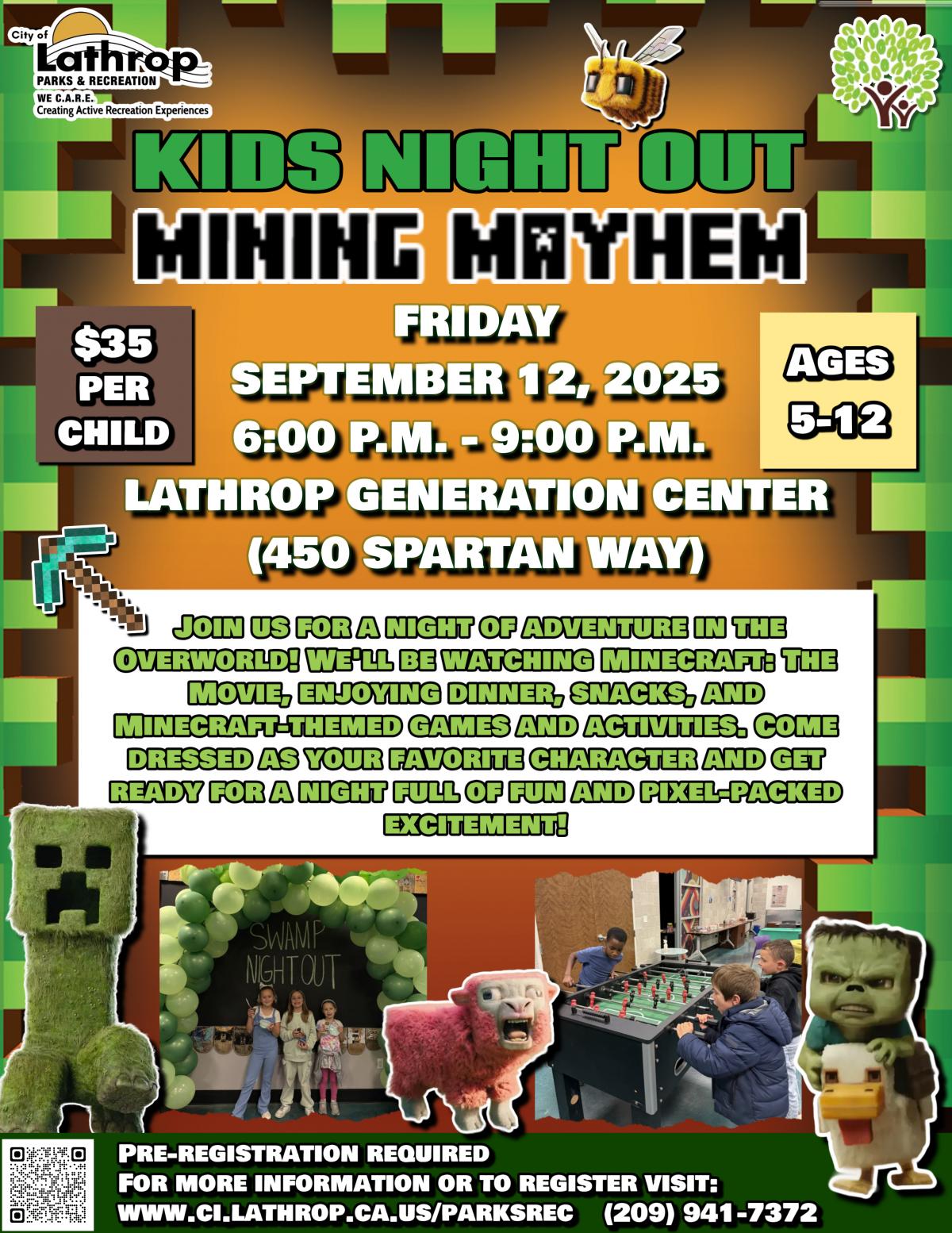 Kids Night Out | Mining Mayhem | Friday, Sept. 12 | Generations Center 450 Spartan Way | 6PM - 9PM |$35 per child | Ages 5-12