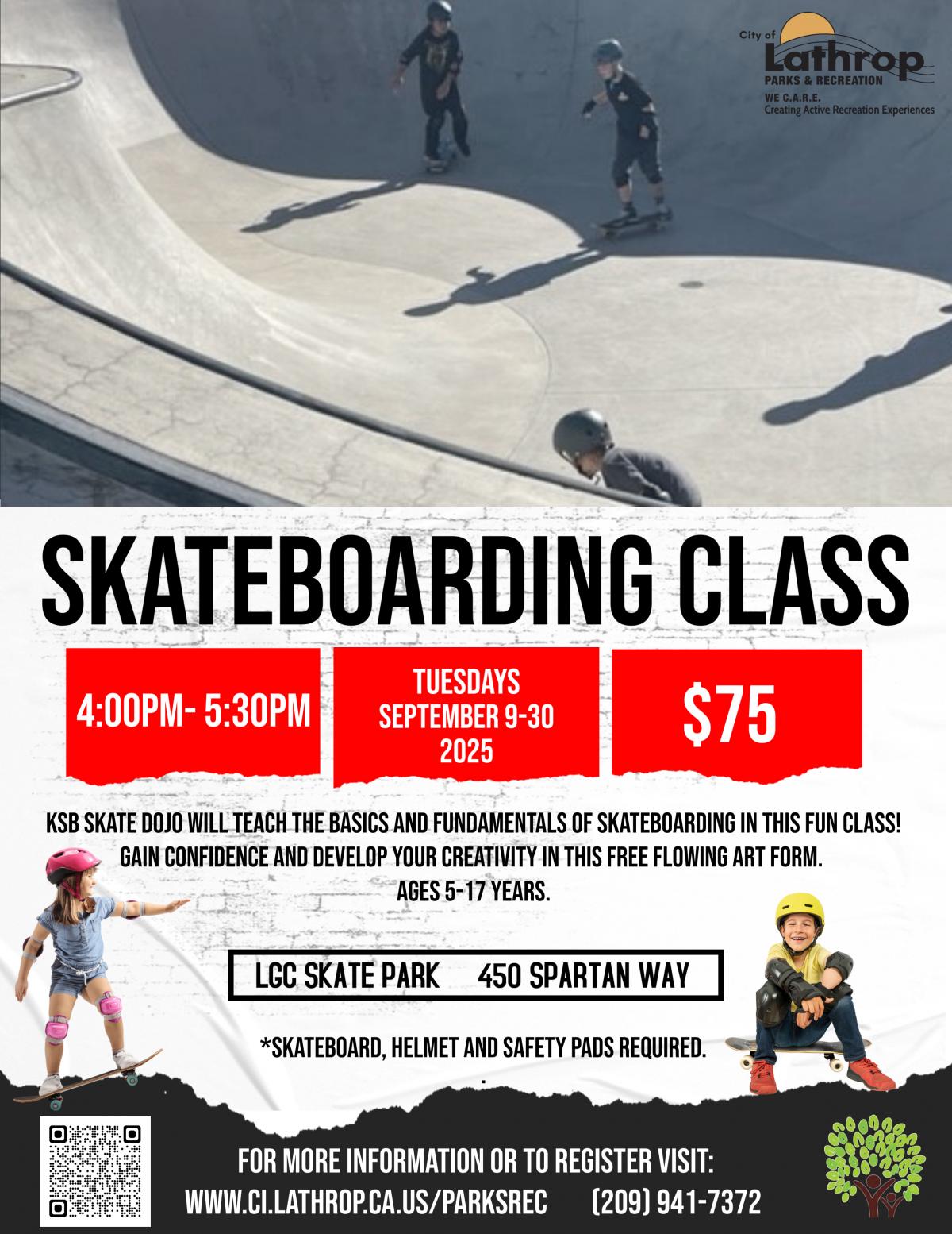Skateboarding Class | Tuesdays | Generations Center 450 Spartan Way | 4PM - 5:30PM | $75 per month 