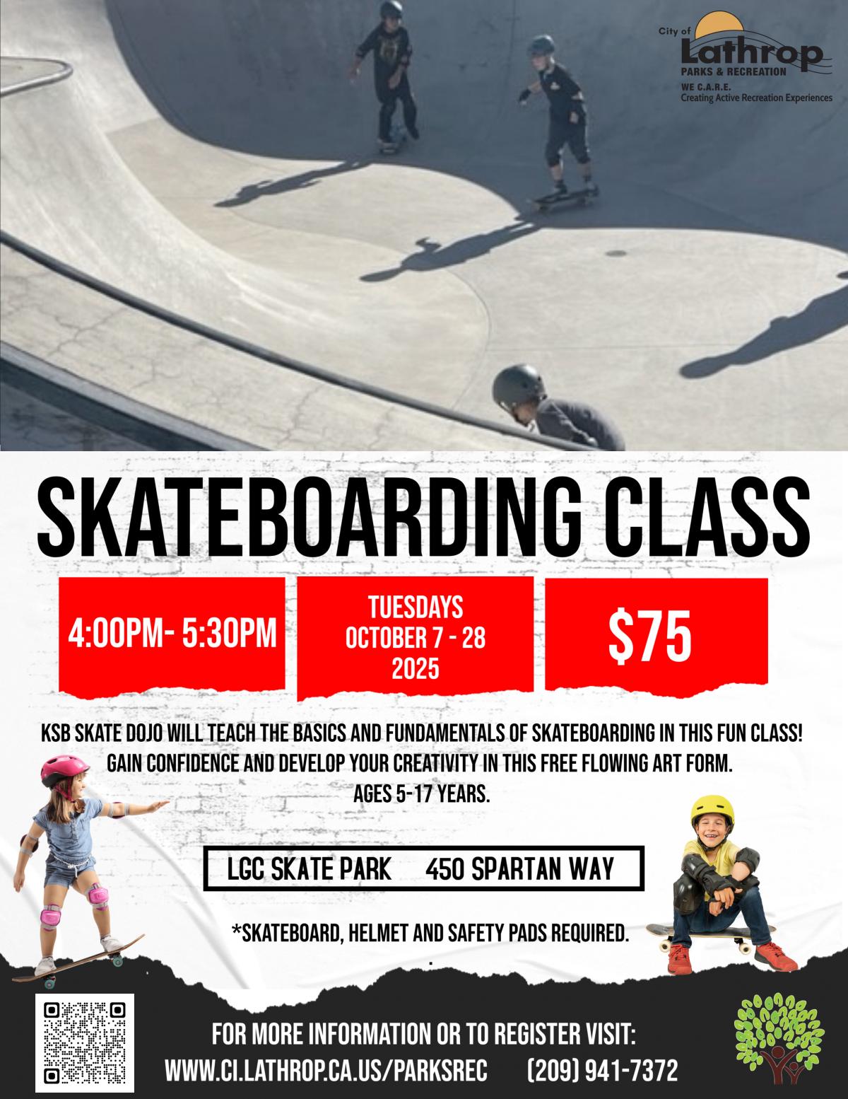 Skateboarding Class | Tuesdays | Generations Center 450 Spartan Way | 4PM - 5:30PM | $75 per month 