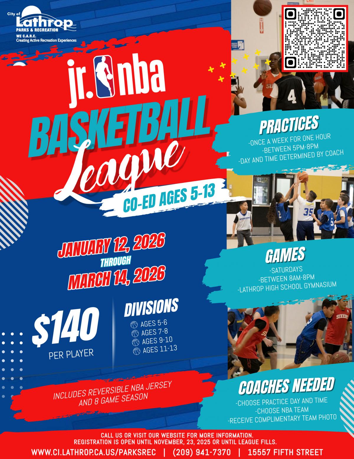Jr. NBA Basketball League | January 12 - March 14 | CO-ED ages 5-13 | $140 per player | Coaches Needed 