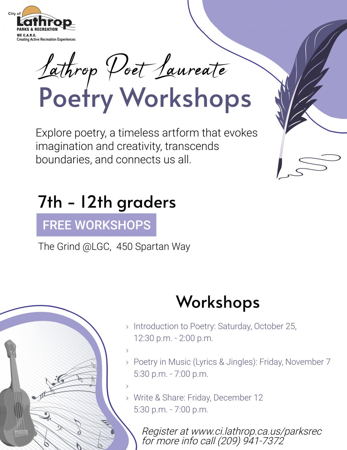 Poet Laureate | FREE WORKSHOPS | The Grind 450 Spartan Way | 7th - 12th graders | 3 workshops offered Poet Laureate | FREE WORKSHOPS | The Grind 450 Spartan Way | 7th - 12th graders | 3 workshops offered