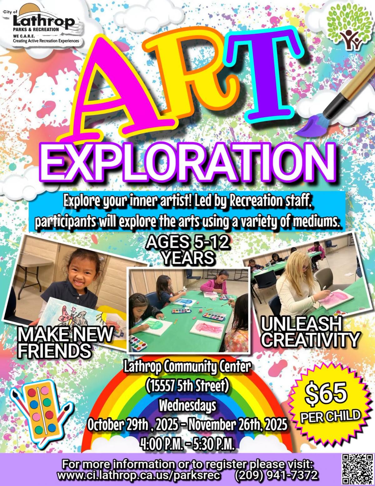 Art Exploration | Wednesdays | Oct. 29 - Nov. 26 | 4PM - 5:30PM | 15557 Fifth St. | $65 Per Child | Ages 5-12  Art Exploration | Wednesdays | Oct. 29 - Nov. 26 | 4PM - 5:30PM | 15557 Fifth St. | $65 Per Child | Ages 5-12