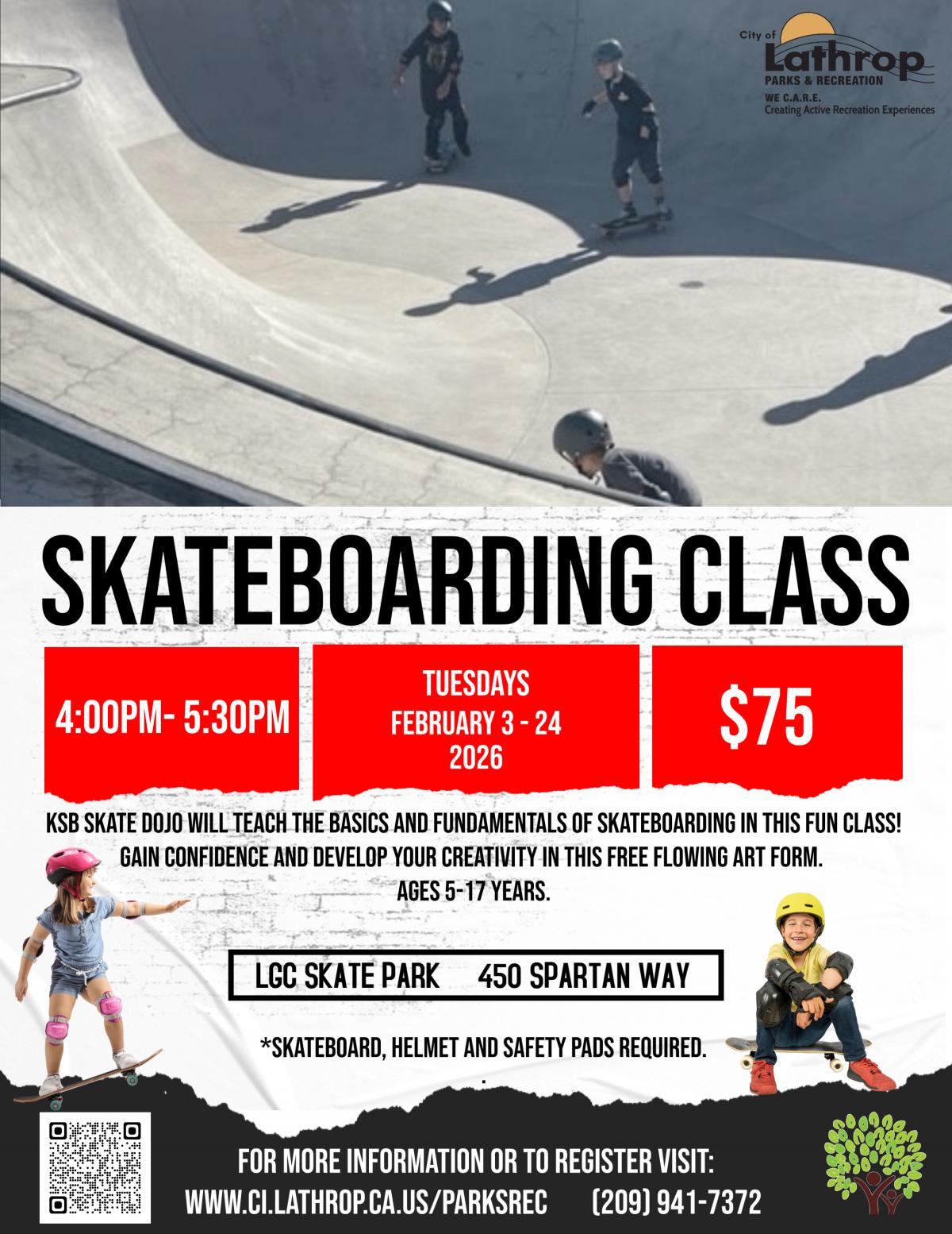 Skateboarding | Tuesdays | Feb 2026| 450 Spartan Way | 4PM - 5:30PM | $75 per child | board and safety equip required