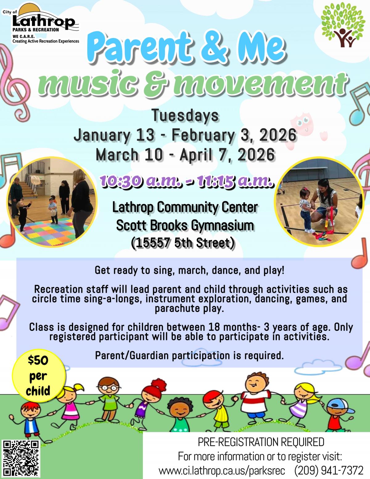 Parent & Me | Music & Movement | Tuesday Jan 13 - April 7 | 10:30AM - 11:15AM | Community Center Gym | $50 per child 