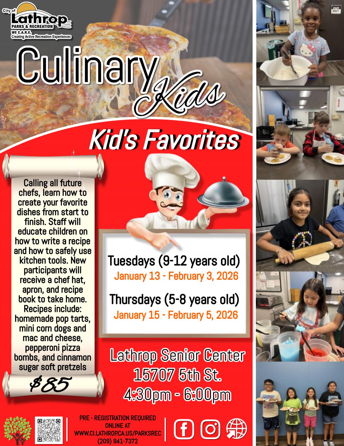 Culinary Kids | Kid's Favorites | Tues & Thurs | Jan 13 - Feb 5 | Senior Center Kitchen 15707 Fifth St. | 4:30PM - 6PM | $85 per