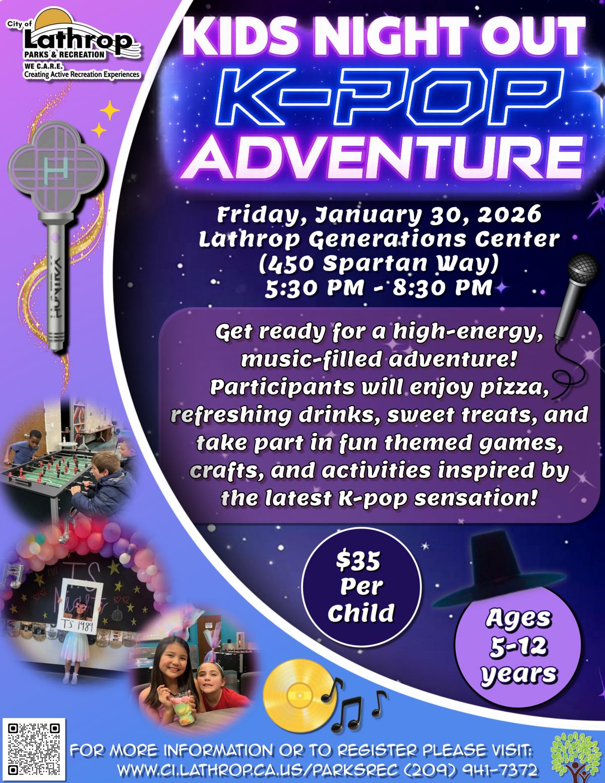 Kids Night Out | K-POP | Friday, Jan 30th | Gen Center 450 Spartan Way | 5:30PM - 8:30PM | $35 per child | Ages 5-12