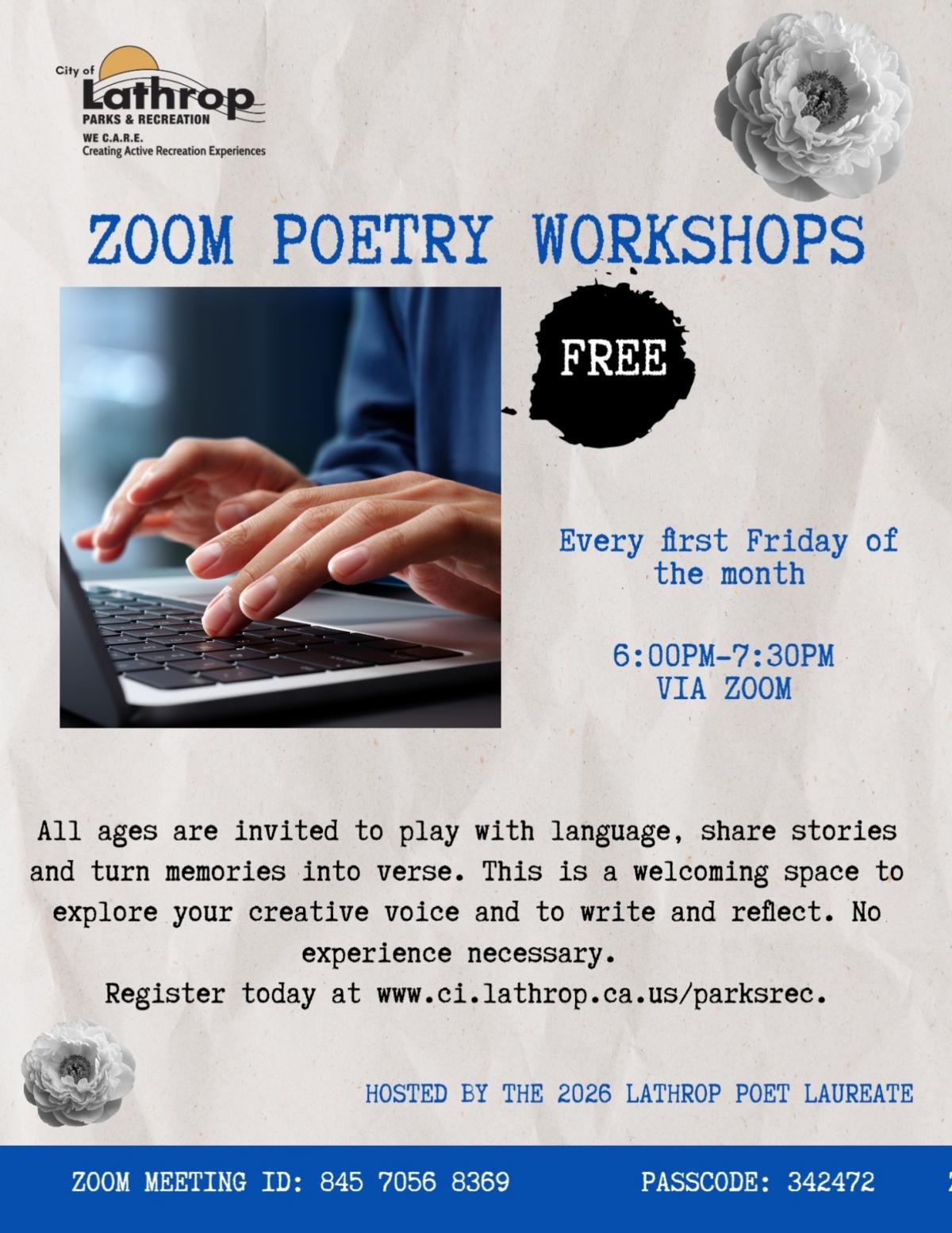 Zoom Poetry Workshops | Every first Friday of the Month | 6PM - 7:30PM | FREE!!!