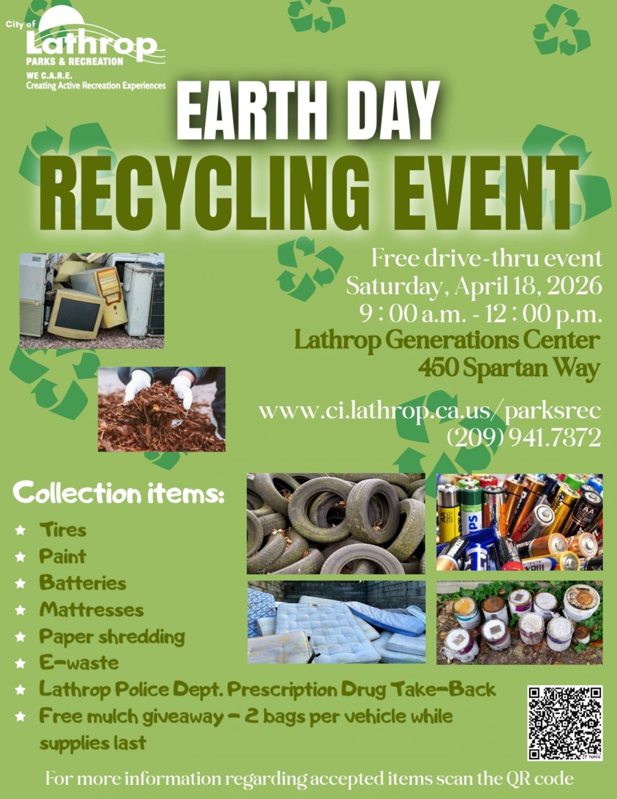 Earth Day Recycling Event | Sat. April. 18 | Generations Center 450 Spartan Way | 9am - 12 pm | Drive-Thru Event