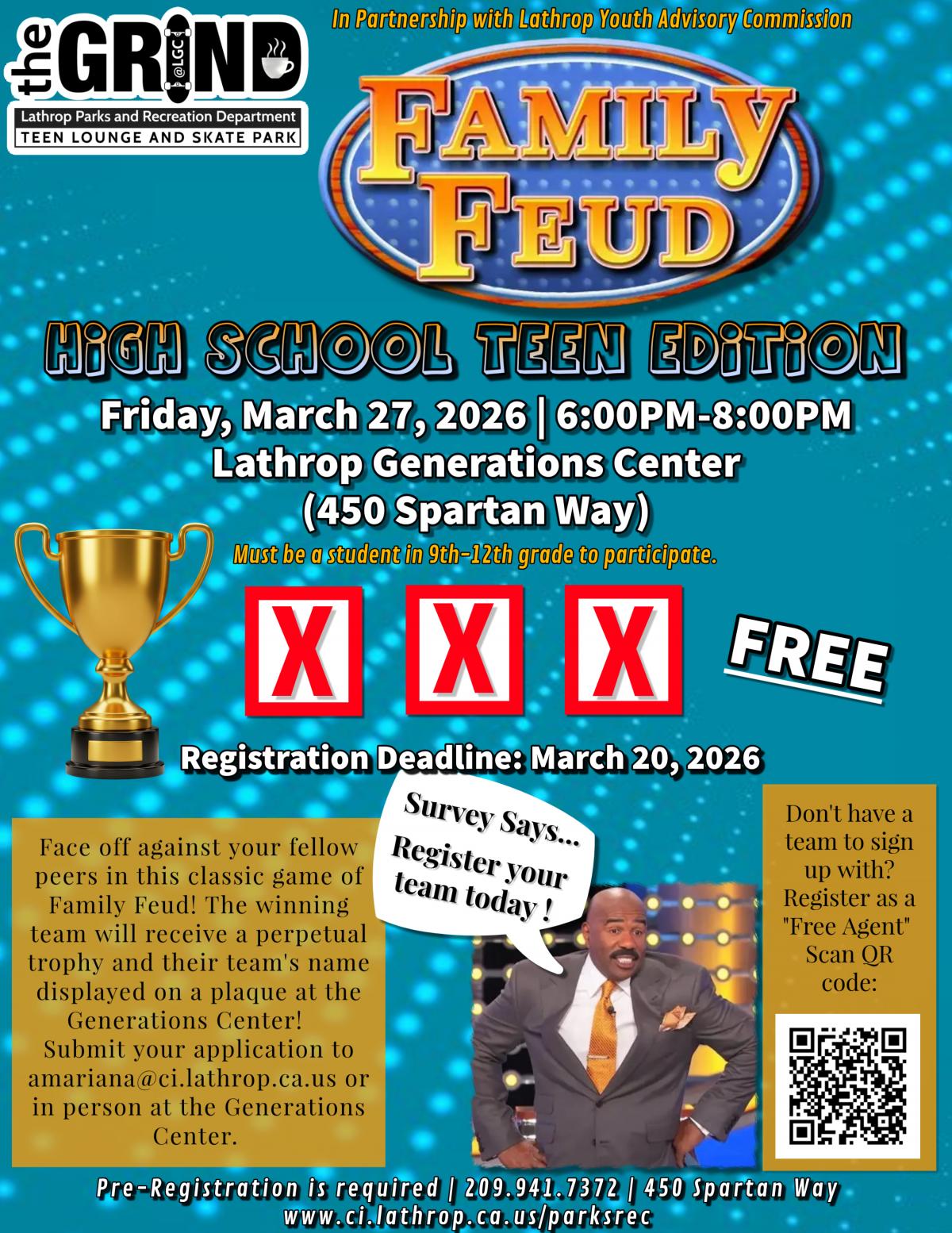Teen Family Feud | Friday, March 27th | 6PM - 8PM | Gen Center 450 Spartan Way | Must be a Student 9th -12th grades