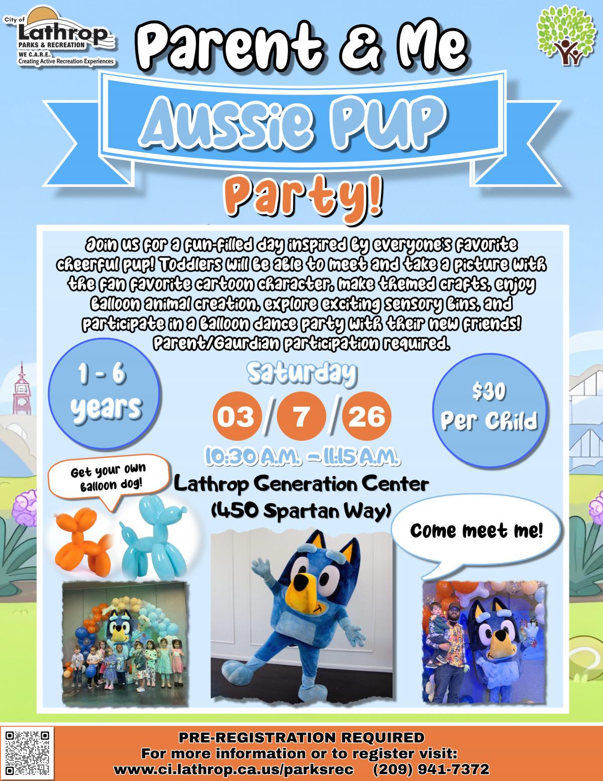 Parent & Me Aussie Pup Party | Sat. Mar. 7th | Generations Center 450 Spartan Way | 10:30AM - 11:15AM | $30 per child