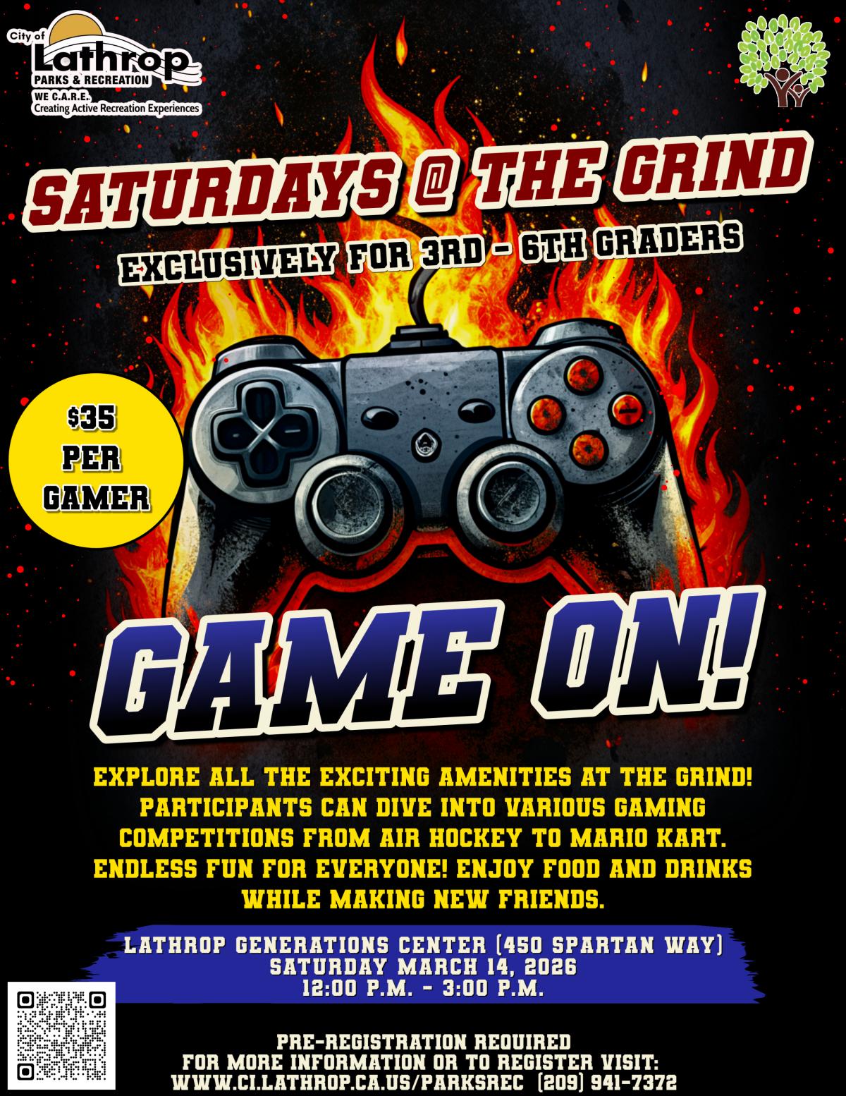 GAME ON | Saturday, March 14th | The Grind | 450 Spartan Way | 12PM - 3PM | $35 Per Gamer | 3rd - 6th graders