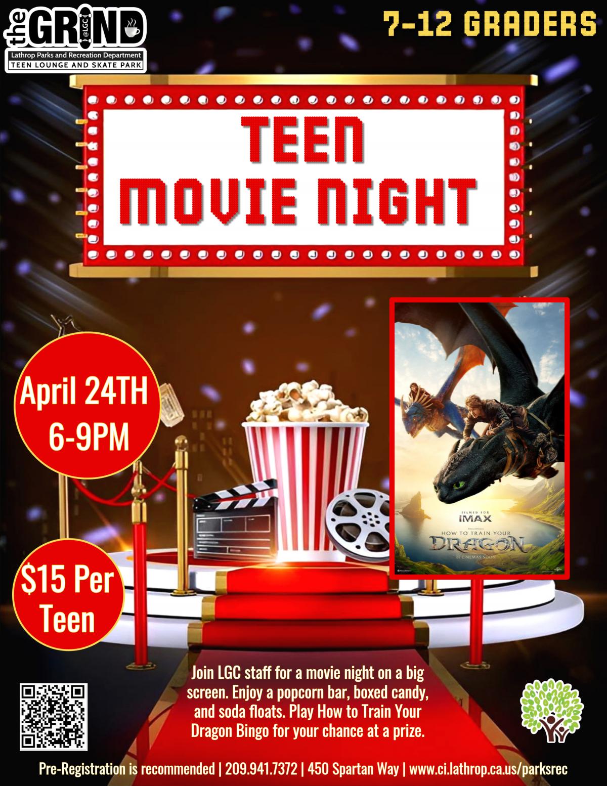Teen Movie Night | Friday, April 24th | Teen Center 450 Spartan Way | 6PM - 9PM | $15 per Teen | Popcorn, Candy, and Soda Floats