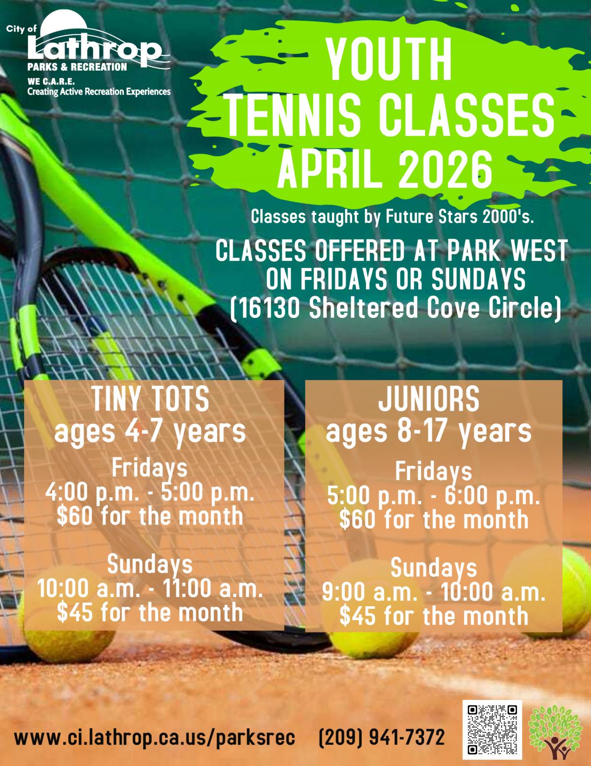 Youth Tennis | April 2026 | Fridays & Sundays | Park West 16130 Sheltered Cove Circle | prices listed 