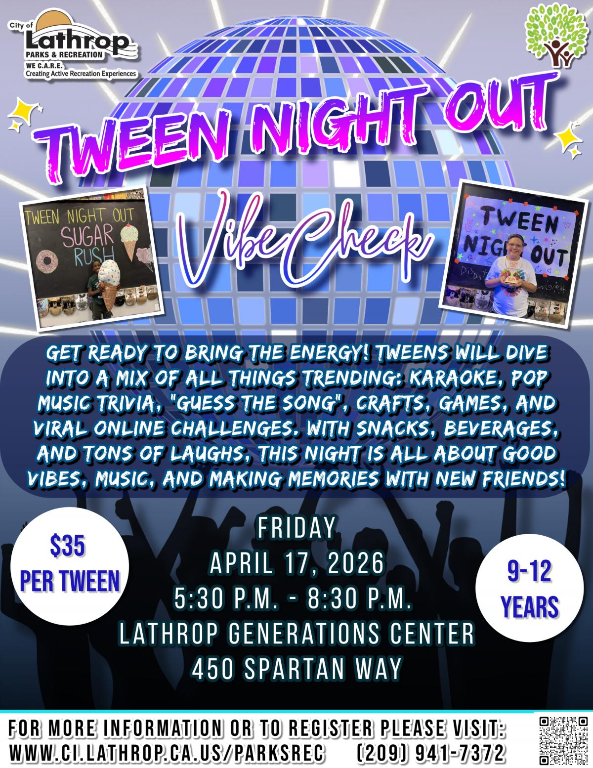 Tween Night Out | Vibe Check | Friday, April, 17th | 5:30PM - 8:30PM | Music & Memories |$35 Per Tween Tween Night Out | Vibe Check | Friday, April, 17th | 5:30PM - 8:30PM | Music & Memories |$35 Per Tween