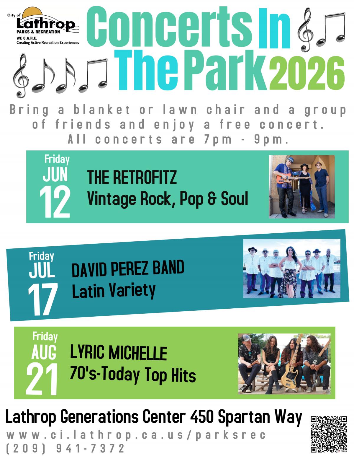 Concerts in the Park 2026 | Generations Center 450 Spartan Way | 7pm - 9pm | FREE FAMILY EVENT 
