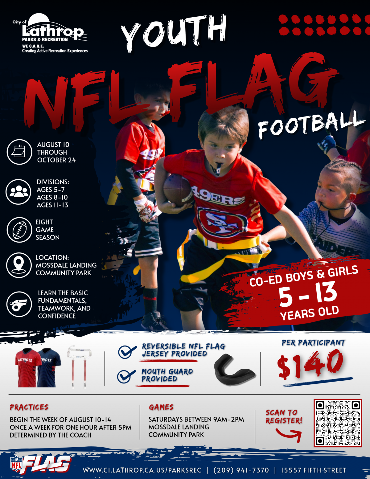 Youth NFL Flag Football | Aug 10 - Oct 10 | Mossdale Landing Community Park | 8 Games per season | $140 | Ages 5-13