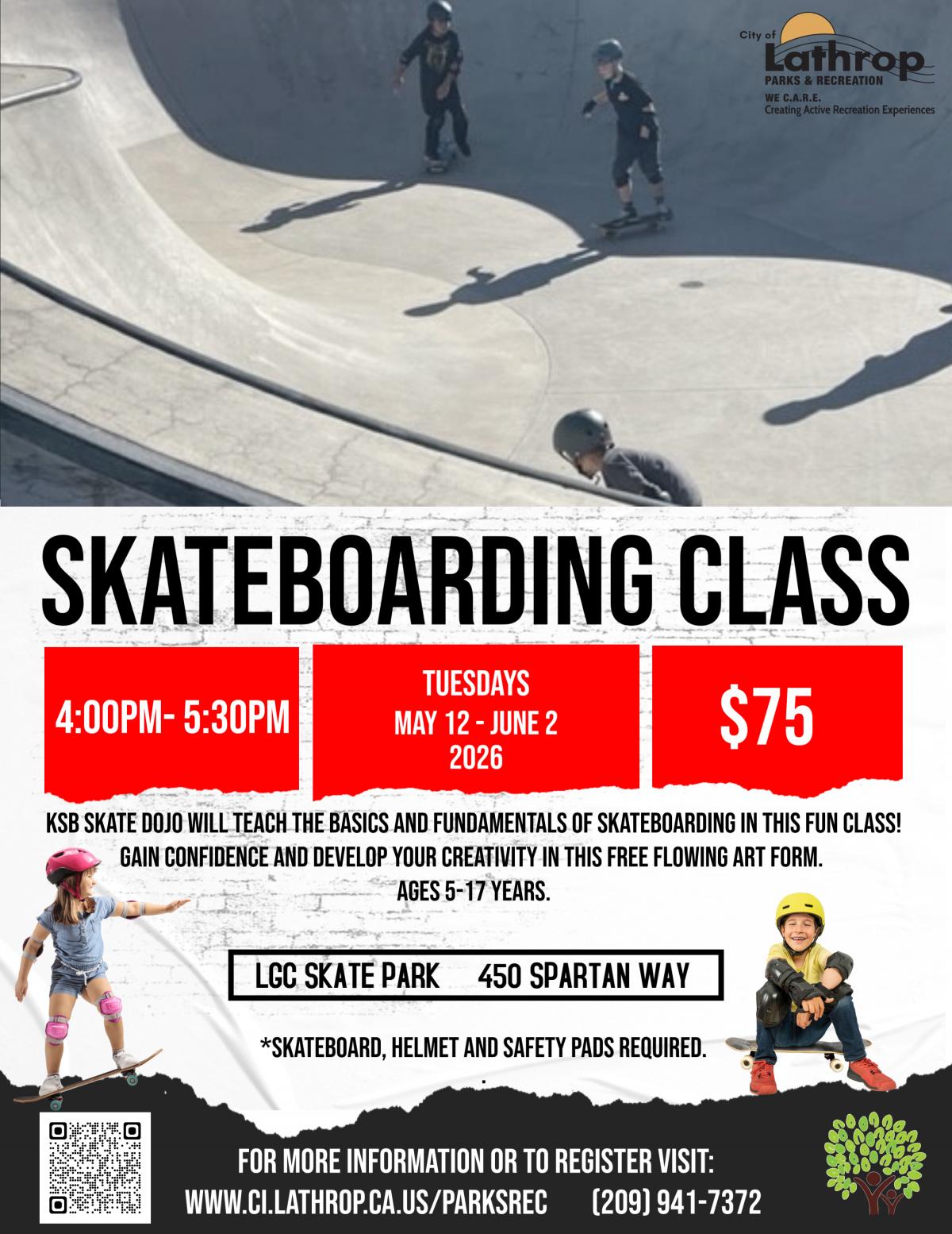 Skateboarding | Tuesdays | May 2026| 450 Spartan Way | 4PM - 5:30PM | $75 per child | board and safety equip required