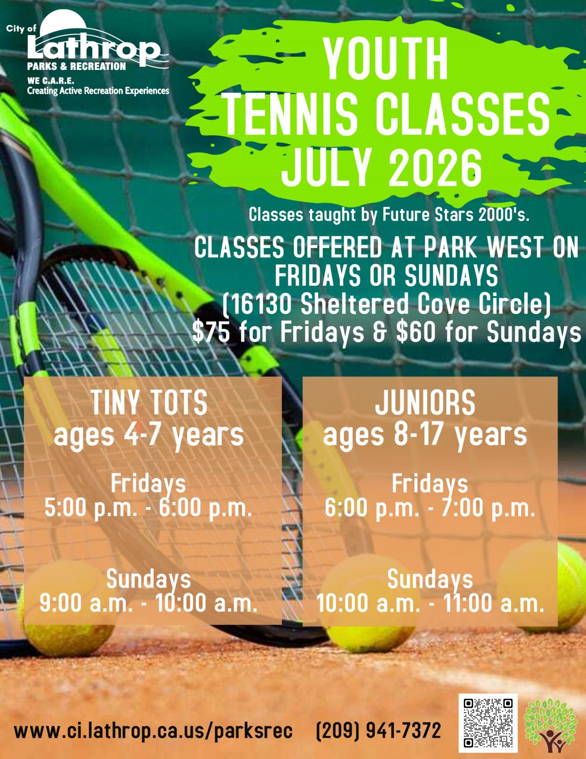 Youth Tennis | July 2026 | Fridays or Sundays | Park West 16130 Sheltered Cove Circle | prices listed Youth Tennis | July 2026 | Fridays or Sundays | Park West 16130 Sheltered Cove Circle | prices listed