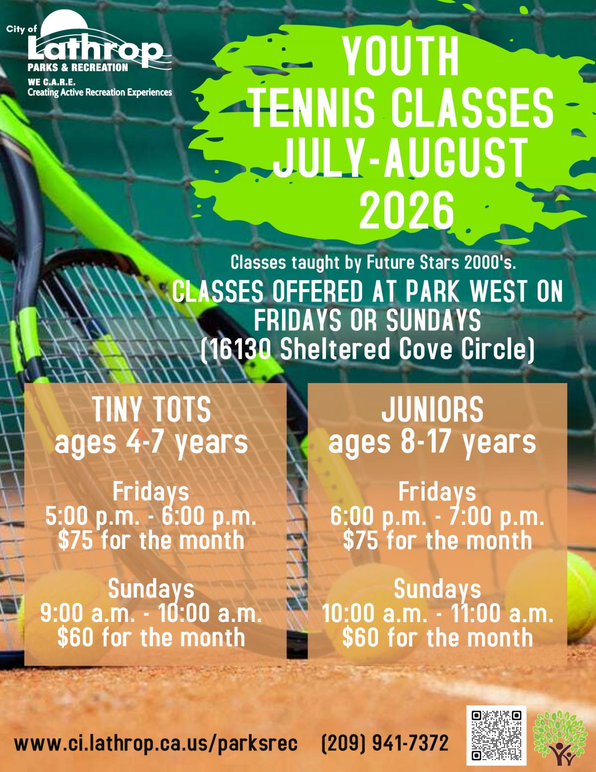 Youth Tennis | July & Aug 2026 | Fridays or Sundays | Park West 16130 Sheltered Cove Circle | prices listed Youth Tennis | July & Aug 2026 | Fridays or Sundays | Park West 16130 Sheltered Cove Circle | prices listed
