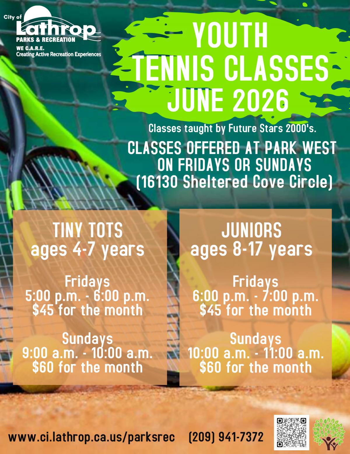 Youth Tennis | June 2026 | Fridays or Sundays | Park West 16130 Sheltered Cove Circle | prices listed 