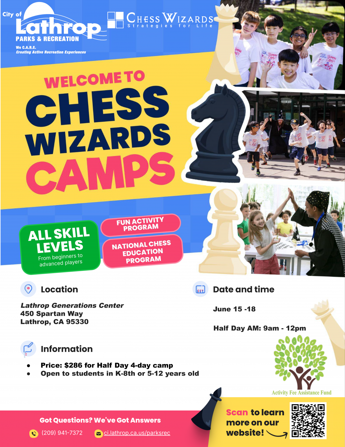Chess Wizards Camp | June 15 - 18 | Gen Center 450 Spartan Way | 9AM - 12PM | $286 4-day camp