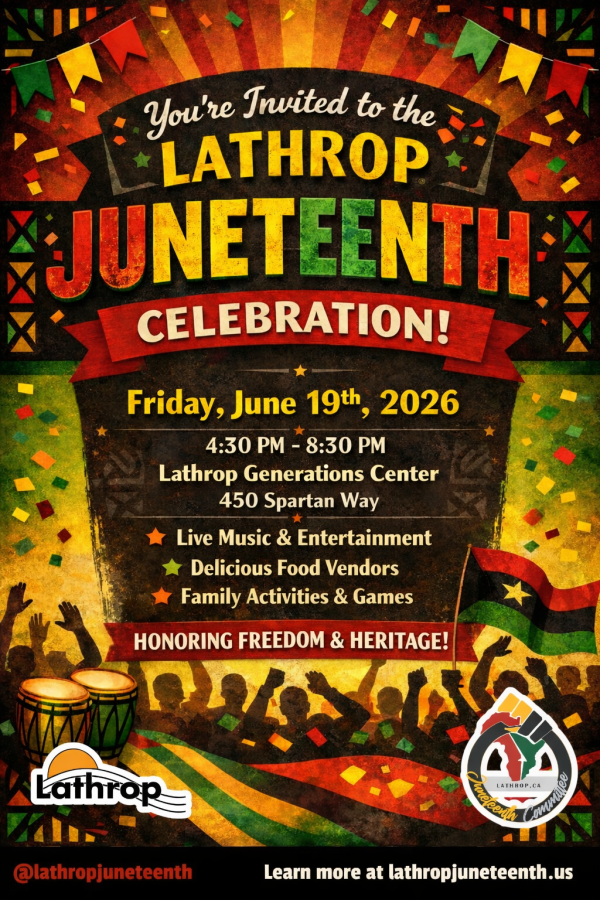 Juneteenth | Celebration | Friday, June 19th 2026 | 4:30PM - 8:30PM | Generations Center 450 Spartan Way Juneteenth | Celebration | Friday, June 19th 2026 | 4:30PM - 8:30PM | Generations Center 450 Spartan Way