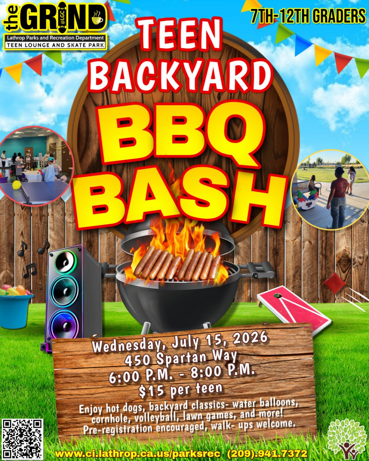 Teen Backyard BBQ Bash | Wednesday July 15 | 6PM - 8 PM | $15 per teen | 7th - 12th grades | Generations Center 450 Spartan Way