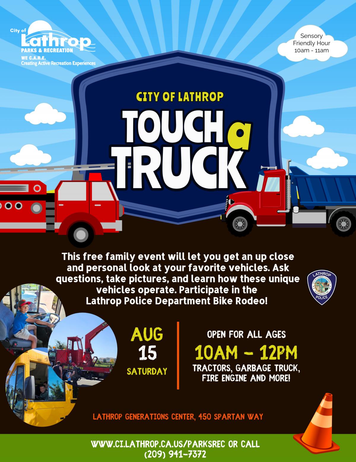 Touch a Truck | Saturday, August 15, 2026 | Generations Center 450 Spartan Way | 10am - 12pm | FREE EVENT