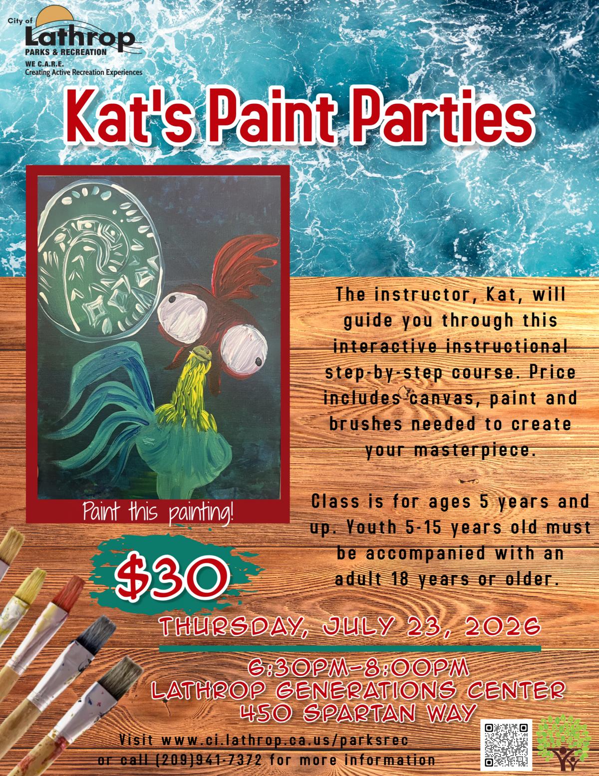 Paint Party | Thursday, July 23, 2026 | 6:30PM - 8:30PM | Generations Center 450 Spartan Way | $30 | Ages 5+ Paint Party | Thursday, July 23, 2026 | 6:30PM - 8:30PM | Generations Center 450 Spartan Way | $30 | Ages 5+