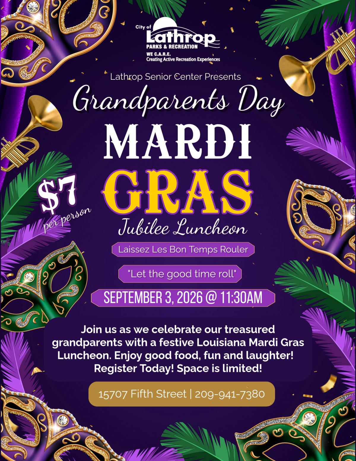 Grandparents Day | Thursday, September 3, 2026 | 15707 Fifth Street | 11:30AM | $7 Per Person | Jubilee Luncheon