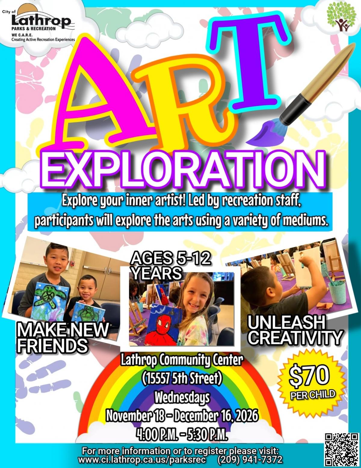 Art Exploration | Weds Nov 18 - Dec 16 | 4PM - 5:30PM | Community Center 15557 5th St. | $70 per child 