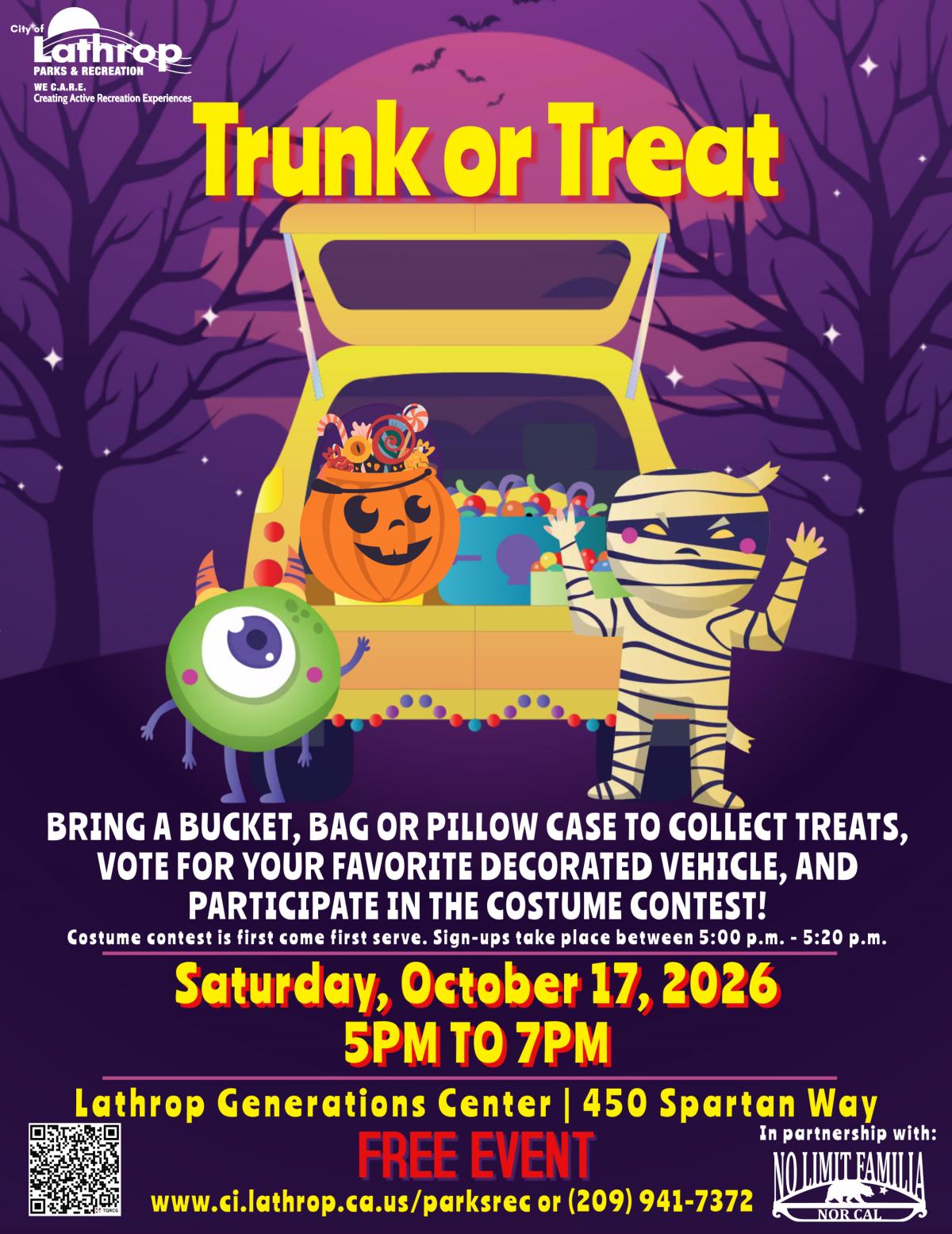 Trunk or Treat | Sat Oct 17 | 5PM to 7PM | Gen Center 450 Spartan Way | Bring a Bucket, Bag or Pillow Case to Collect Treats! Trunk or Treat | Sat Oct 17 | 5PM to 7PM | Gen Center 450 Spartan Way | Bring a Bucket, Bag or Pillow Case to Collect Treats!