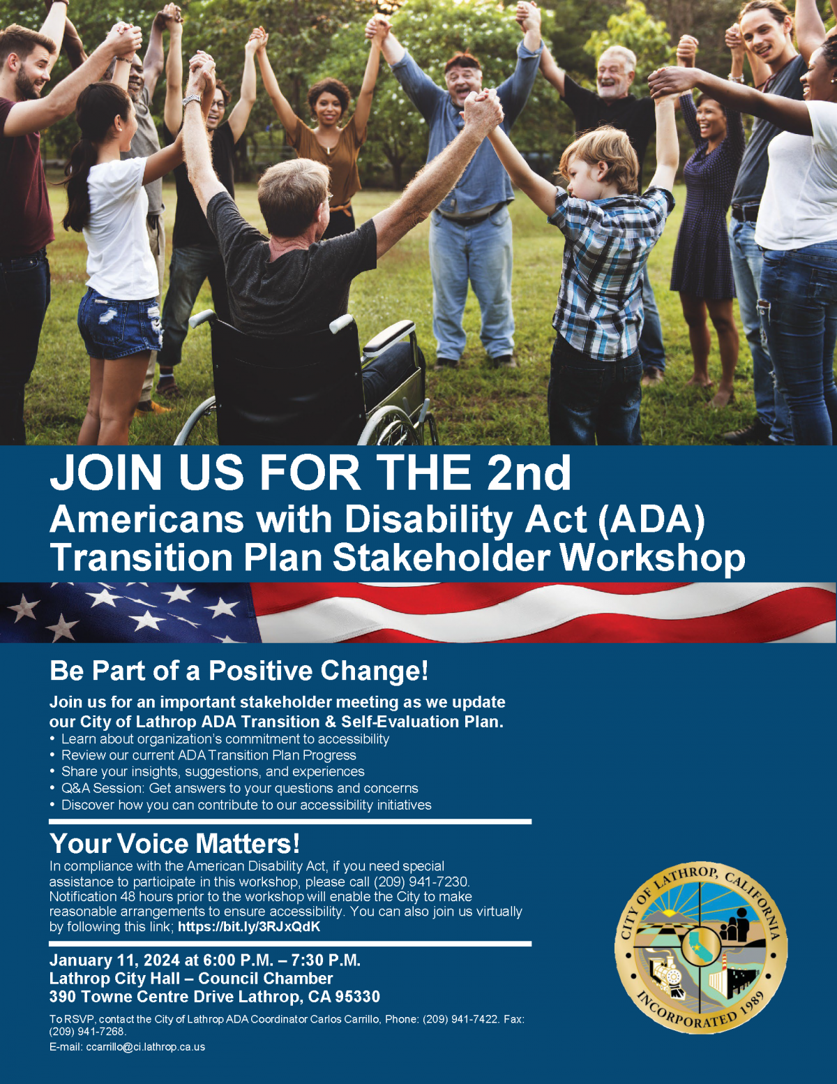 City of Lathrop 2nd ADA Stakeholder Workshop flyer includes people looking happy